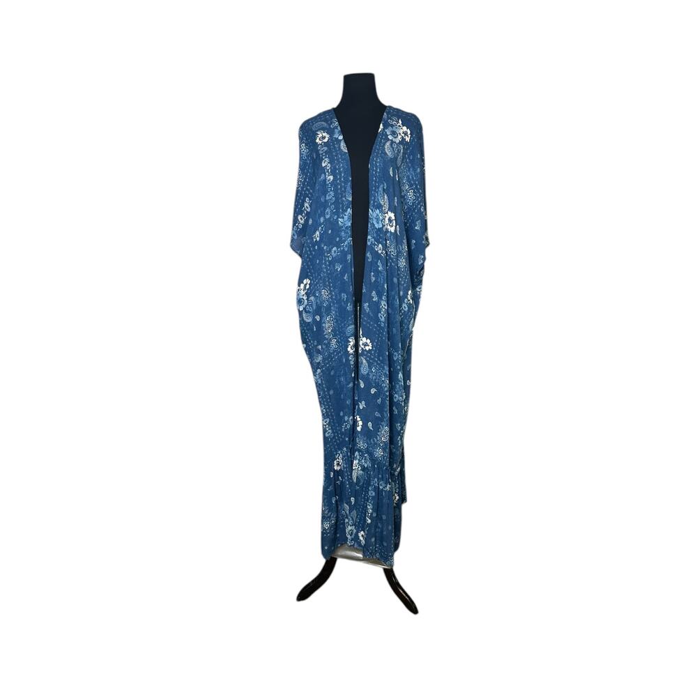 Ces Femme blue paisley print short dolman sleeves long kimono size One Size